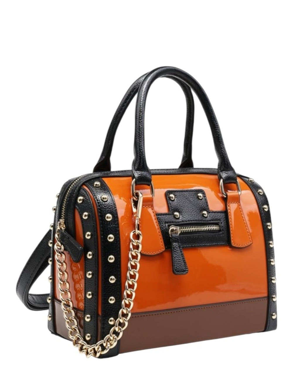 Dasein Patent Orange & Black Dome Satchel Handbag NWT